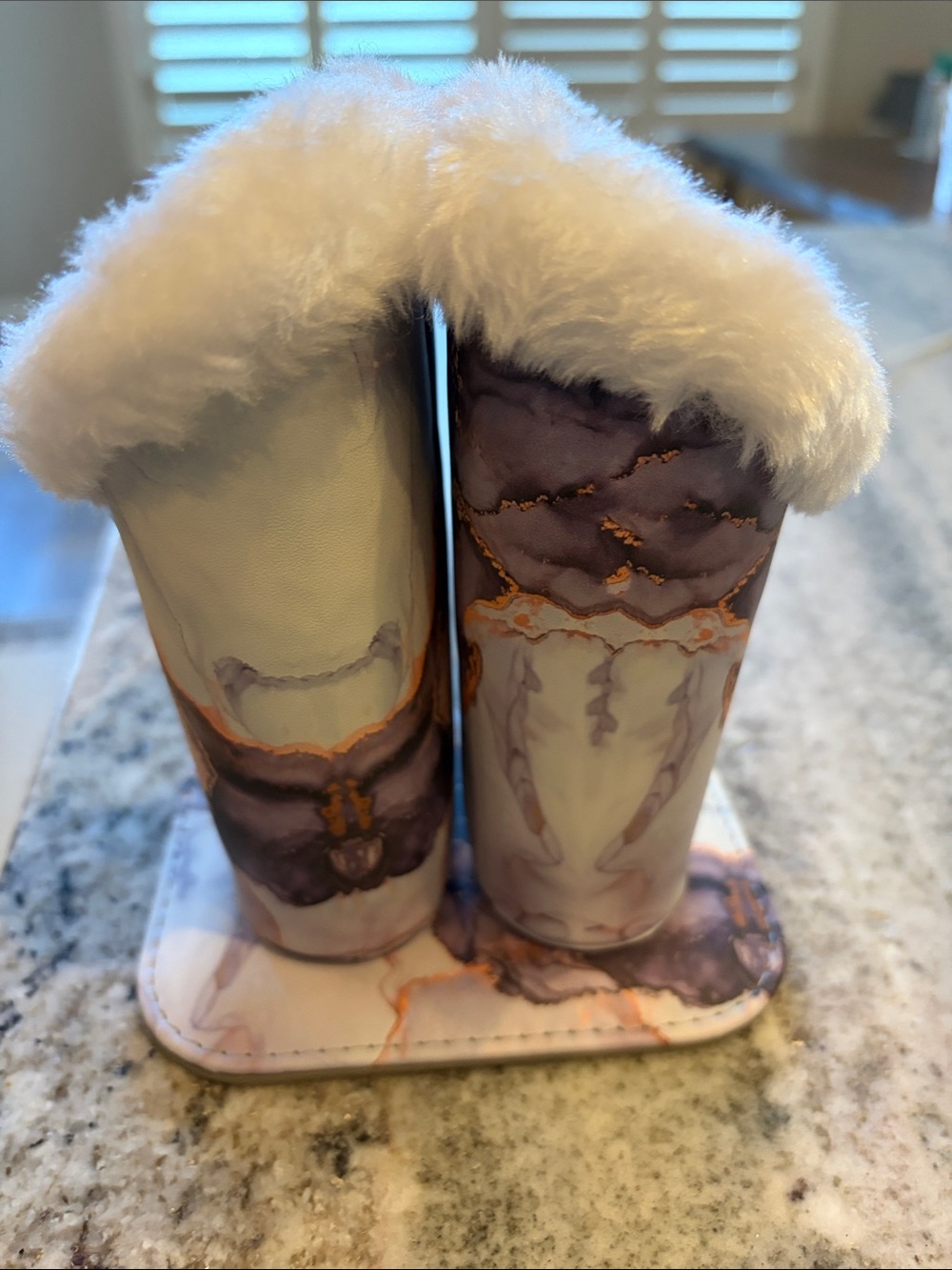 Plush Faux Fur Purple Marble Boot Glasses Holder